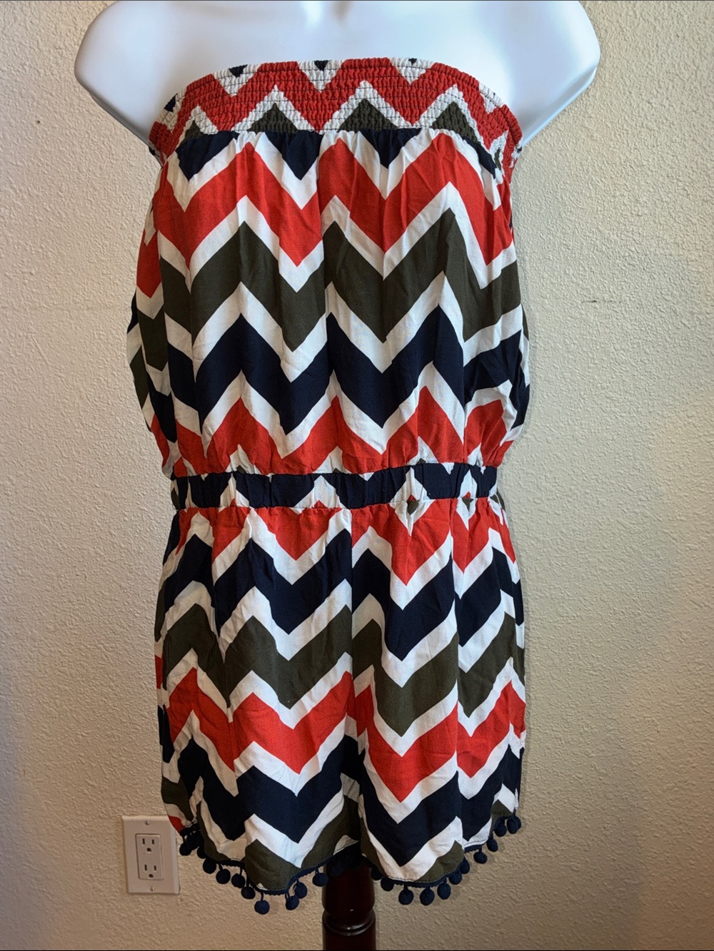 Strapless Romper in Navy, White & Orange
